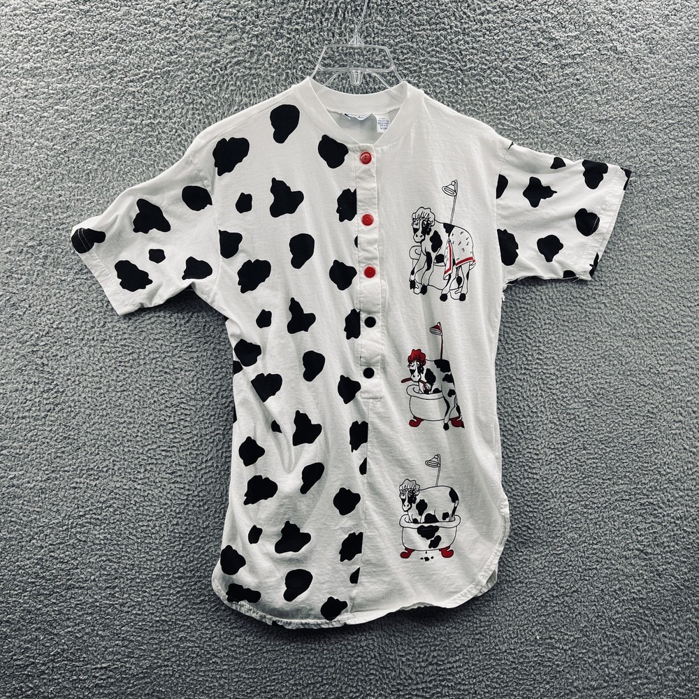 Womens Cow Print Henley Top OS Cartoon Novelty Retro Kitsch Whimsical Kawaii